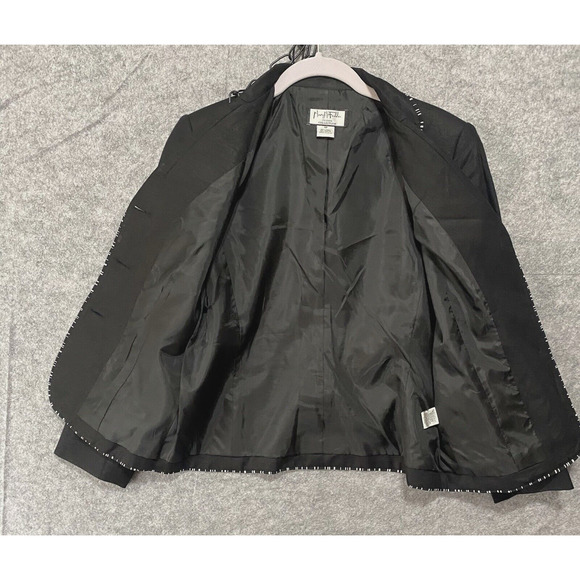 Vintage‎ Mary McFadden Linen Blend Blazer Womens Sz 4P Black Embroidered Lined - Picture 2 of 7